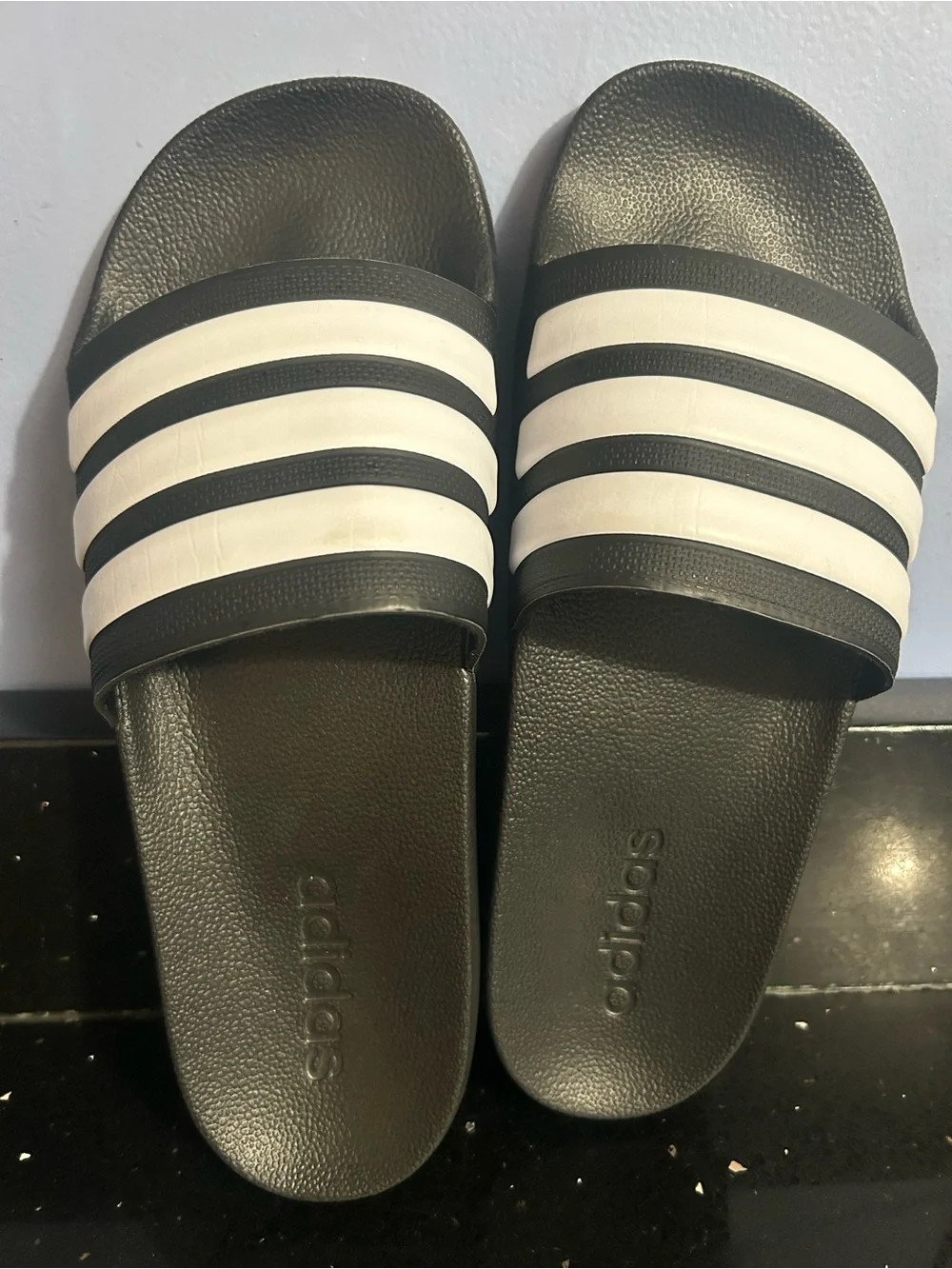 Adidas Black Slides with White Three-Stripes Size 8 EUC